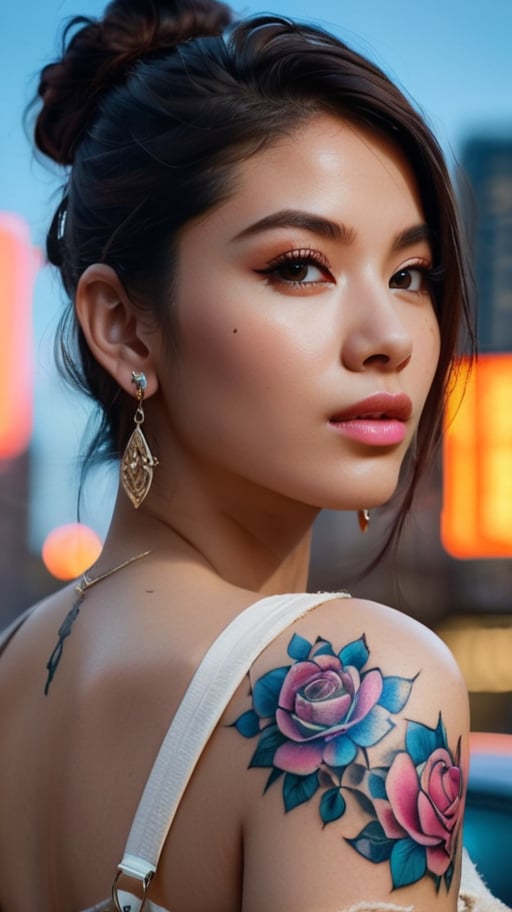 A stunning young woman with a bold tattoo on her arm, poses confidently against the vibrant backdrop of a bustling city. Her oval-shaped face is framed by a radiant glow, accentuating her frosty-pink lips and small earrings. Every detail, from the intricate design on her tattoo to the fine lines on her face, exudes high-quality craftsmanship. The photorealistic image captures the essence of urban beauty.