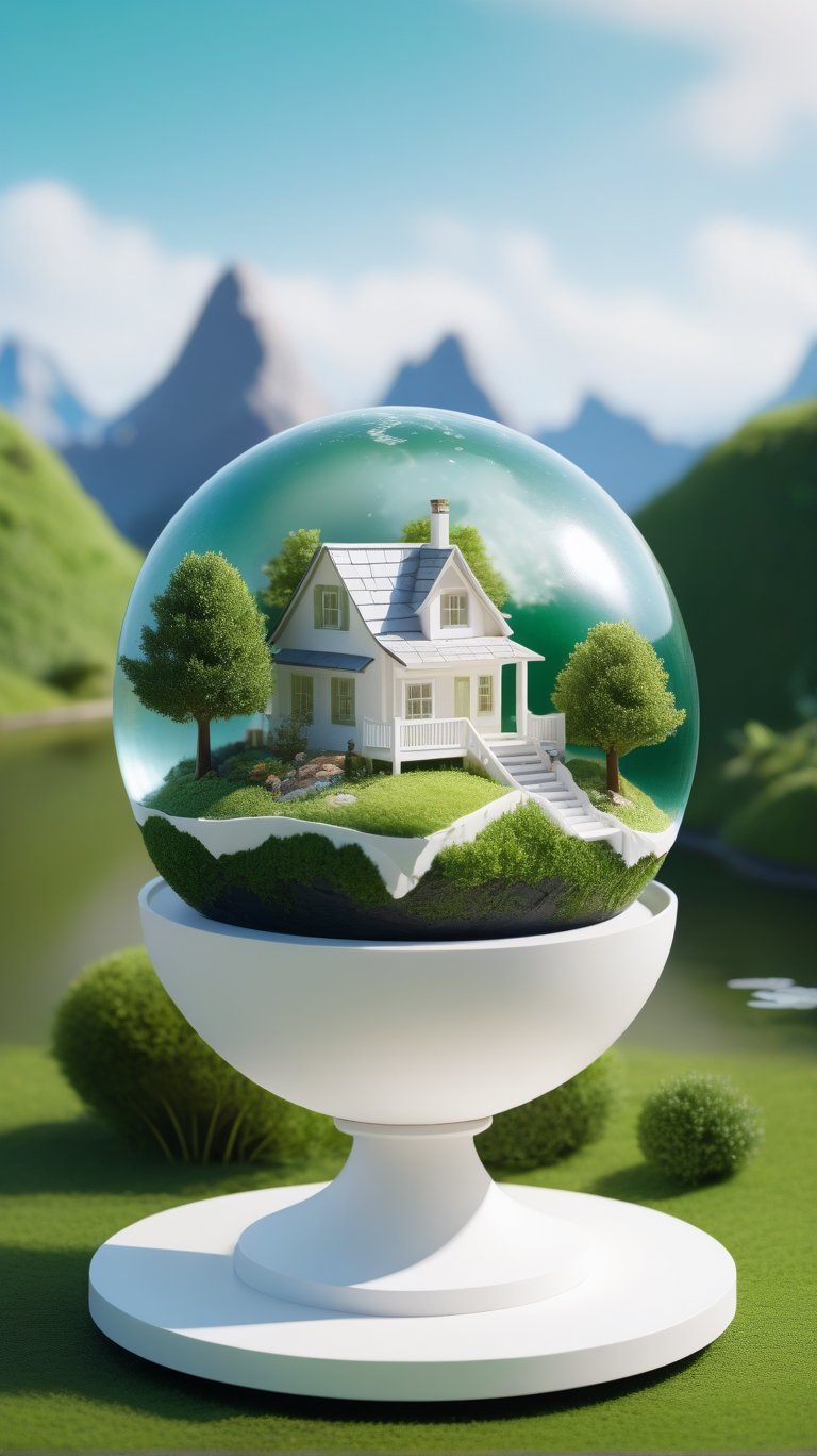 (best quality), (4k resolution), creative illustration of a miniature world on a white pedestal. The world is a green sphere with various natural and artificial elements. There is a river, trees, mountains, and a small house on the sphere. The image has a minimalist style with a light color palette that creates a contrast with the white background. The image gives a sense of wonder and curiosity about the tiny world and its inhabitants.,ff14bg,High detailed