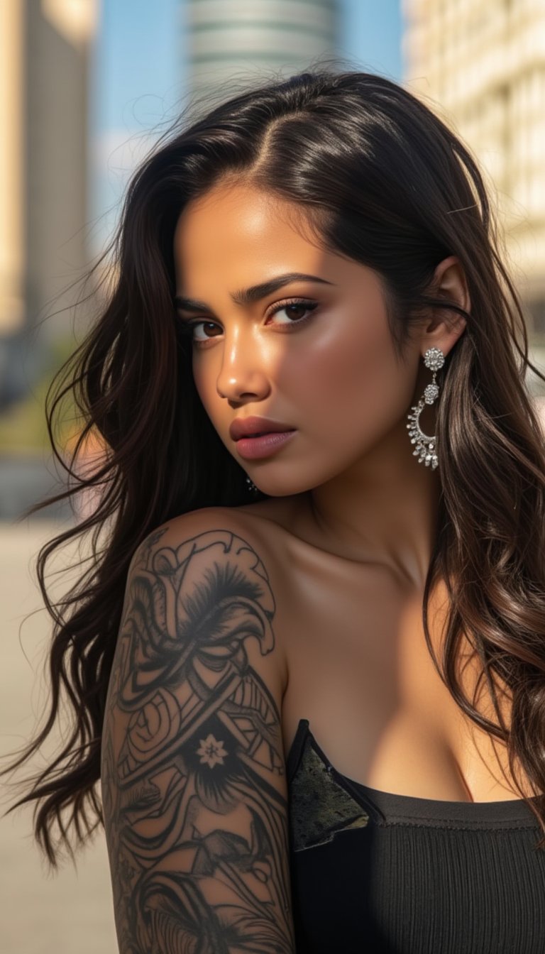 A stunning young woman with a bold tattoo on her arm, poses confidently against the vibrant backdrop of a bustling city. Her oval-shaped face is framed by a radiant glow, accentuating her frosty-pink lips and small earrings. Every detail, from the intricate design on her tattoo to the fine lines on her face, exudes high-quality craftsmanship. The photorealistic image captures the essence of urban beauty.