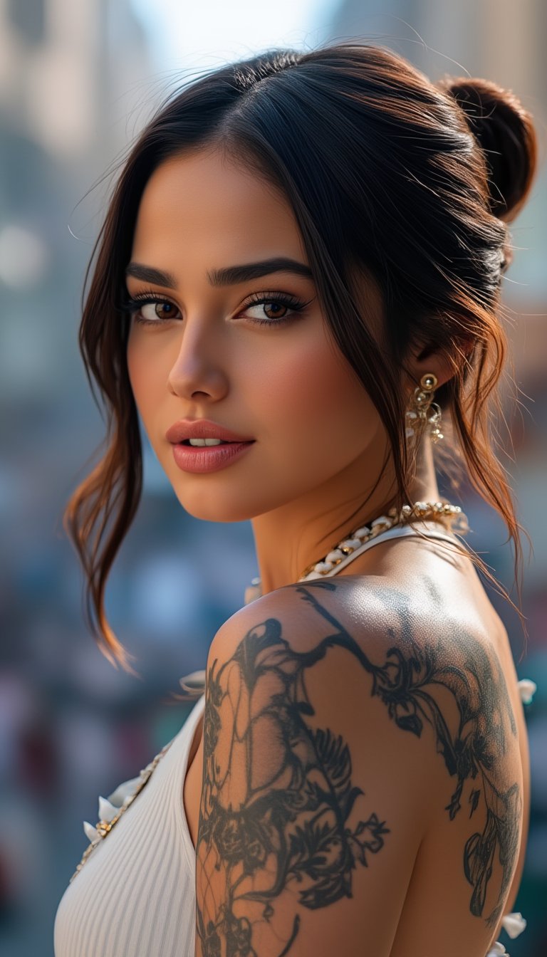 A stunning young woman with a bold tattoo on her arm, poses confidently against the vibrant backdrop of a bustling city. Her oval-shaped face is framed by a radiant glow, accentuating her frosty-pink lips and small earrings. Every detail, from the intricate design on her tattoo to the fine lines on her face, exudes high-quality craftsmanship. The photorealistic image captures the essence of urban beauty.