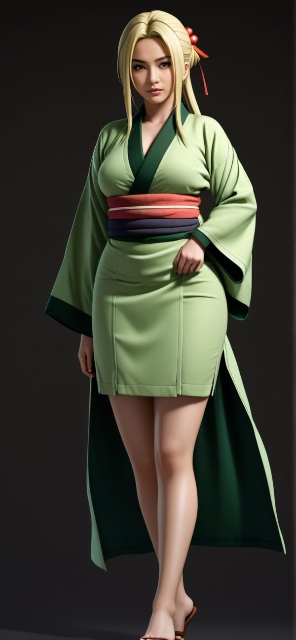 drawing, dramatic, 1girl, 21 years old cute girl, tsunade, green kimono, fit body, sagging breasts, standing, simple background, dark background