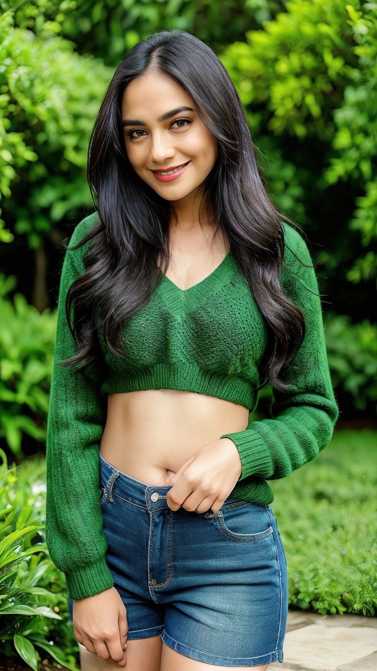 A serene shot of the lovely Indian model, standing amidst lush greenery in a picturesque garden. The camera frames her from the waist up, showcasing her toned physique clad in a vibrant green sweater that complements her dark locks. Her long black hair cascades down her back like a waterfall, with a few loose strands framing her heart-shaped face. A gentle smile plays on her lips, exuding warmth and approachability. The soft focus and natural lighting bring out the best in her, as she strikes a confident pose amidst the tranquil garden surroundings.