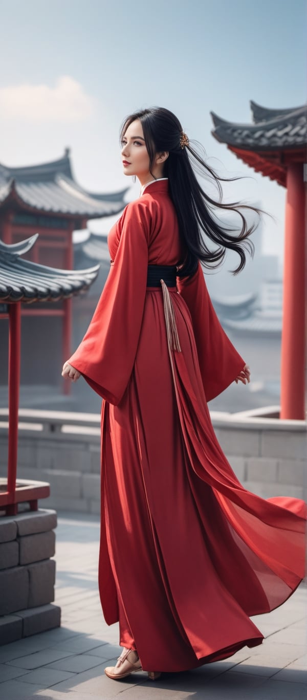 drawing, dramatic, 1girl, 21 years old cute girl, black hair, long hair, floating hair, chinesse red dress, hanfu, petite body, mediumbreasts, standing, simple background, city, windy, spring