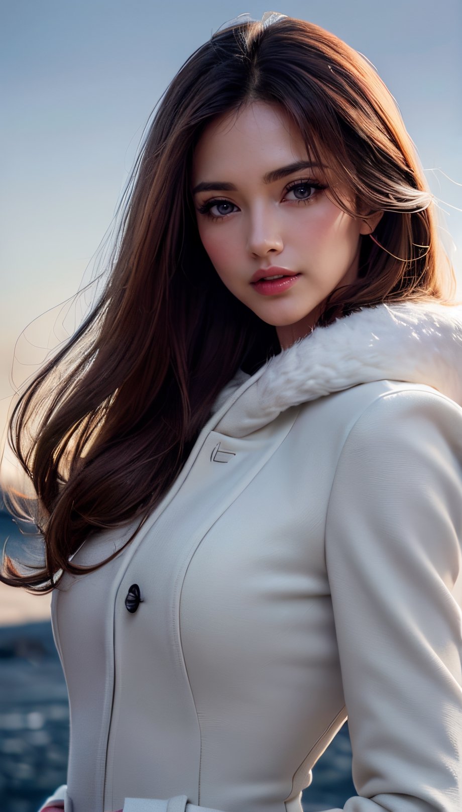 (ultra best quality,  in 8K,  masterpiece,  delicate illustration),  perfect body, (Long coats or duffle coats), dynamic posture,  many hairstyles,  beautiful face,  slim body,  red lips,  big brown eyes,  Soft smile,  better_hands,  embrassed,  seductive,  half open mouth,  (winter background), pov,,