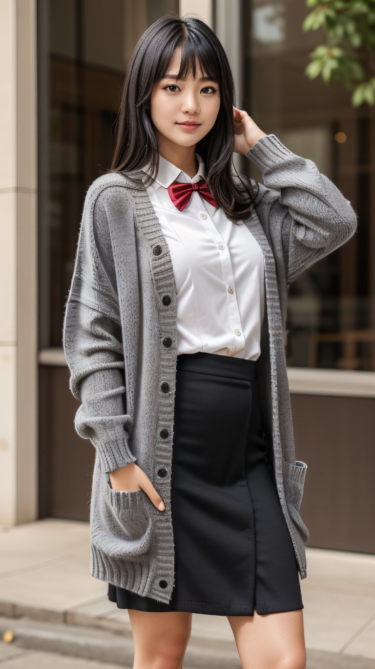 1girl,black-hair,(blunt_bangs),18 years old,school_uniform,knit cardigan,gray skirt,red tie,loose socks,