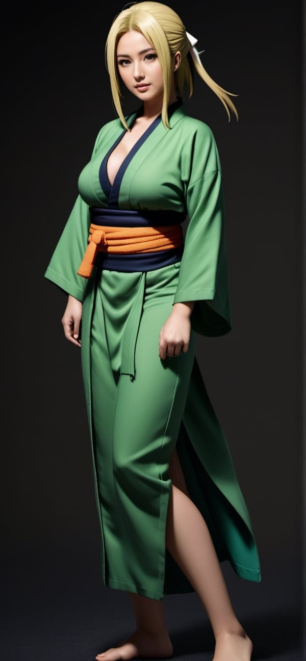 drawing, dramatic, 1girl, 21 years old cute girl, tsunade, green kimono, fit body, sagging breasts, standing, simple background, dark background