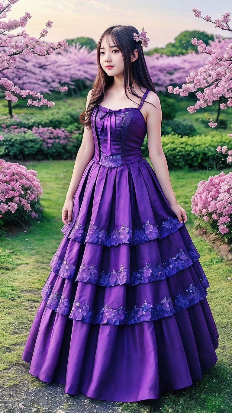 A delicate 16-year-old Japanese beauty stands amidst a whimsical backdrop of blooming sakura flowers, her slender figure and porcelain skin subtly illuminated by the soft, golden light of late afternoon. As she turns, the iridescent purple hue of her stunning dress glimmers, its layers rustling softly in the gentle breeze.