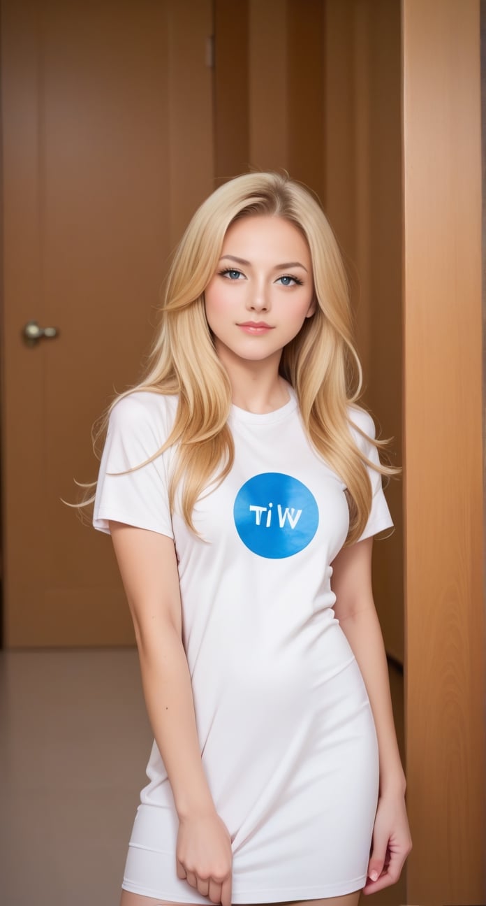 score_9, score_8_up, score_7_up, (masterpiece), 1girl, long hair, blond hair, (smile:0.5), t-shirt dress, Ivi,ivi