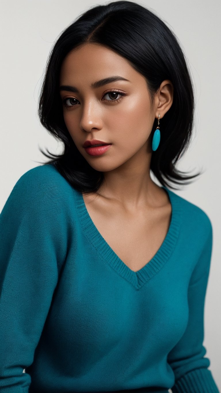 photo, rule of thirds, dramatic lighting, african_american_hair, detailed face, detailed nose, black_woman_wearing_v_neck_turquoise sweater, calm, minimal white background, realism,realistic,raw,analog,black_woman,portrait,photorealistic,analog,realism