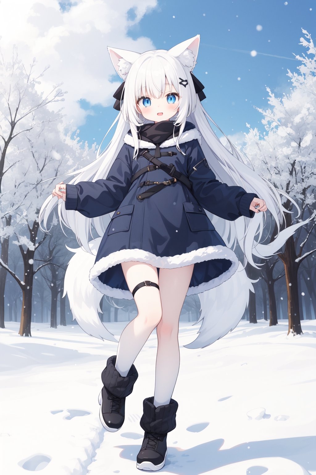 little girl , kemonomimi , white_hair , small_breasts , whole body , :) , Winter_clothes , long_hair , blue eyes , park , angel_ring ,falling_snow , albino_fox