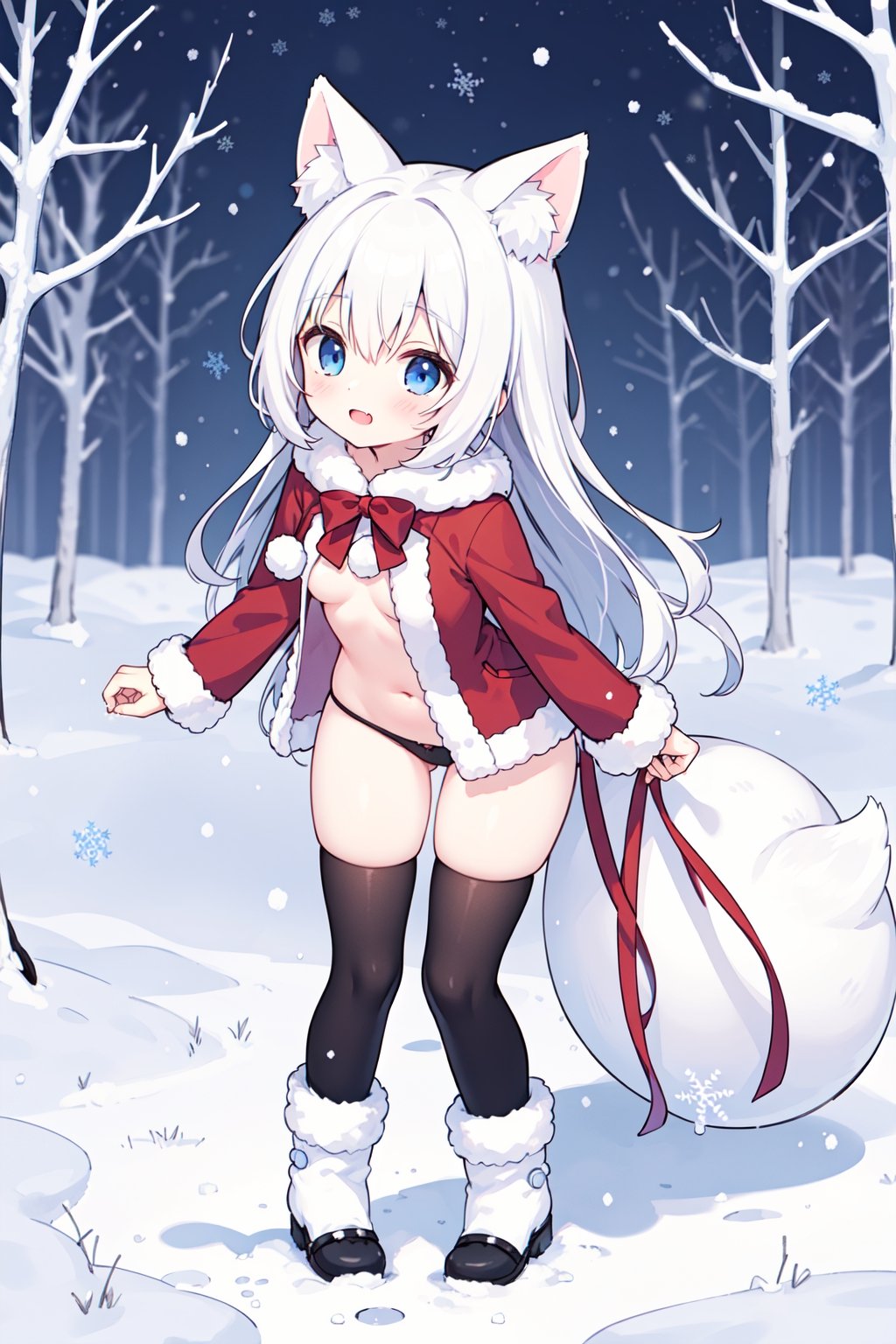 kemonomimi, white_hair, small_breasts, whole body, :), Winter_clothes, long_hair, blue eyes, park, falling_snow, albino_fox, stand , Santa , stadning