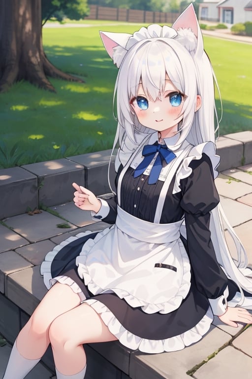 high quality , young_girl , kemonomimi , white_hair , small_breasts , sitting , whole body , :) , Maid clothes , long_hair , blue eyes , park