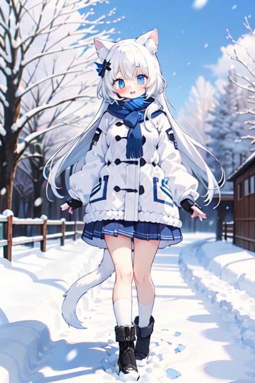 little girl , kemonomimi , white_hair , small_breasts , whole body , :) , Winter_clothes , long_hair , blue eyes , park , angel_ring ,falling_snow