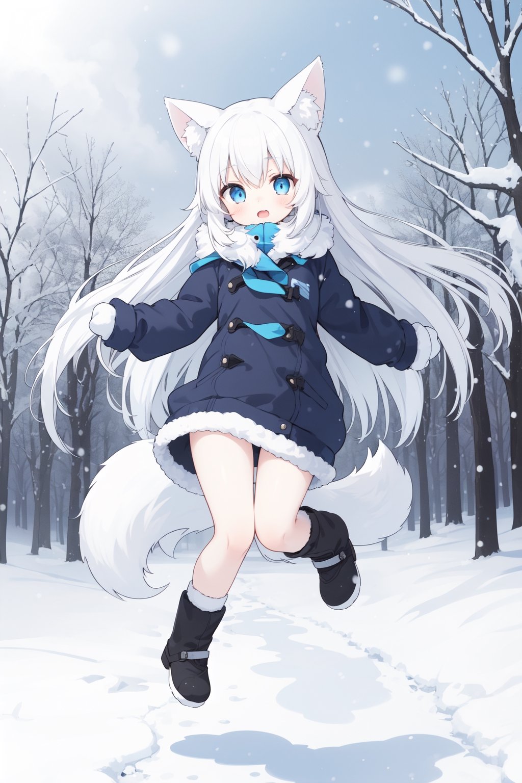 little girl , kemonomimi , white_hair , small_breasts , whole body , :) , Winter_clothes , long_hair , blue eyes , park , falling_snow , albino_fox , mittens , jumping