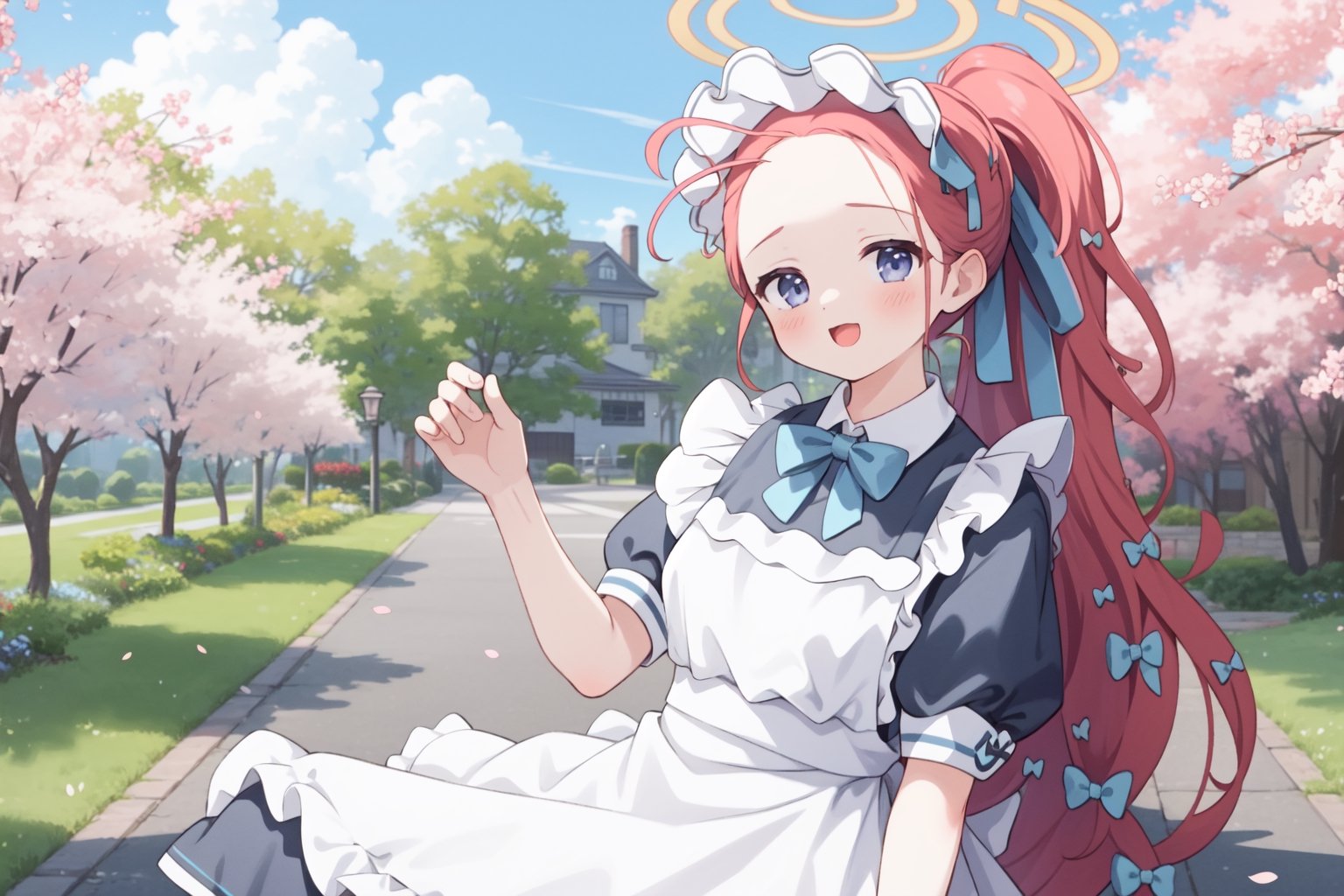 solo_female , arismaid  , pastelbg , kawaii , cherry_blossoms , smil, momoimaid, halo,  yuzumaid,