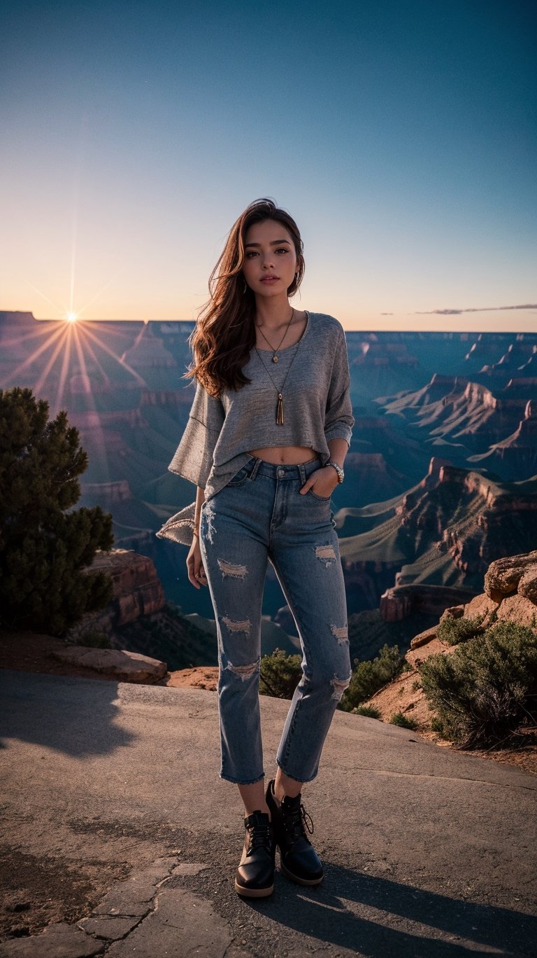 a charismatic woman,Bleached spikes,Grey,full body shot,majestic Grand Canyon offers breathtaking vistas at every turn,style by Brandon Woelfel,professional studio quality hyperdetailed masterpiece,Cinestill 50,Ethereal Lighting