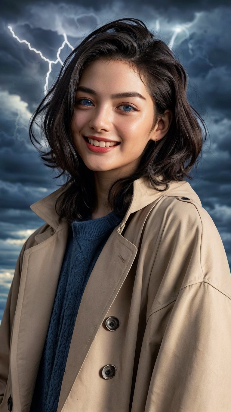 a cute little girl with a round cherubic face blue eyes and short wavy light brown hair smiles,Quiff haircut,Outerwear Trench coat in a classic beige with a double-breasted closure.,Giving thumbs down,Goblin,Fashion shot,Sagrada Familia,Tallinn,Thunderstorm clouds with flashes of lightning,minimalistic sharp outlines glass translucency Curly electric field long exposure contour Swirling (Dilapidated iridescent mercury:1.1) veins in colored fiber optic hightly detailled perfect body back light ligth flow spread arms,detailed masterpiece most beautiful artwork in the world Ultrarealistic,split lighting