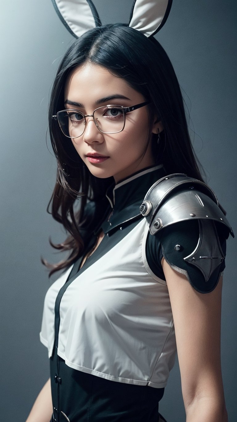 (Best Quality, highly detailed, Masterpiece:1.2), 16k, depth of field, Scenes with high tension, camera movement, anime Characters, dim lighting, Depth of field, details skin Texture, clothes Normal, grey tone, steampunk style, extreme closeup, woman, Scholars, mecha rabbit ears,  glasses, mecha armor on the arm, shoulder armor, Rusty, white blouse, ascot, Jodhpurs, Nobles clothes, giant clock background, Precision clock, Hollow out clock, glass, Clock Tower, Industrial era, smoke spark, dust, glowing effect, (Fantasy aesthetic style), (realistic light and shadow), (real and delicate background),mecha