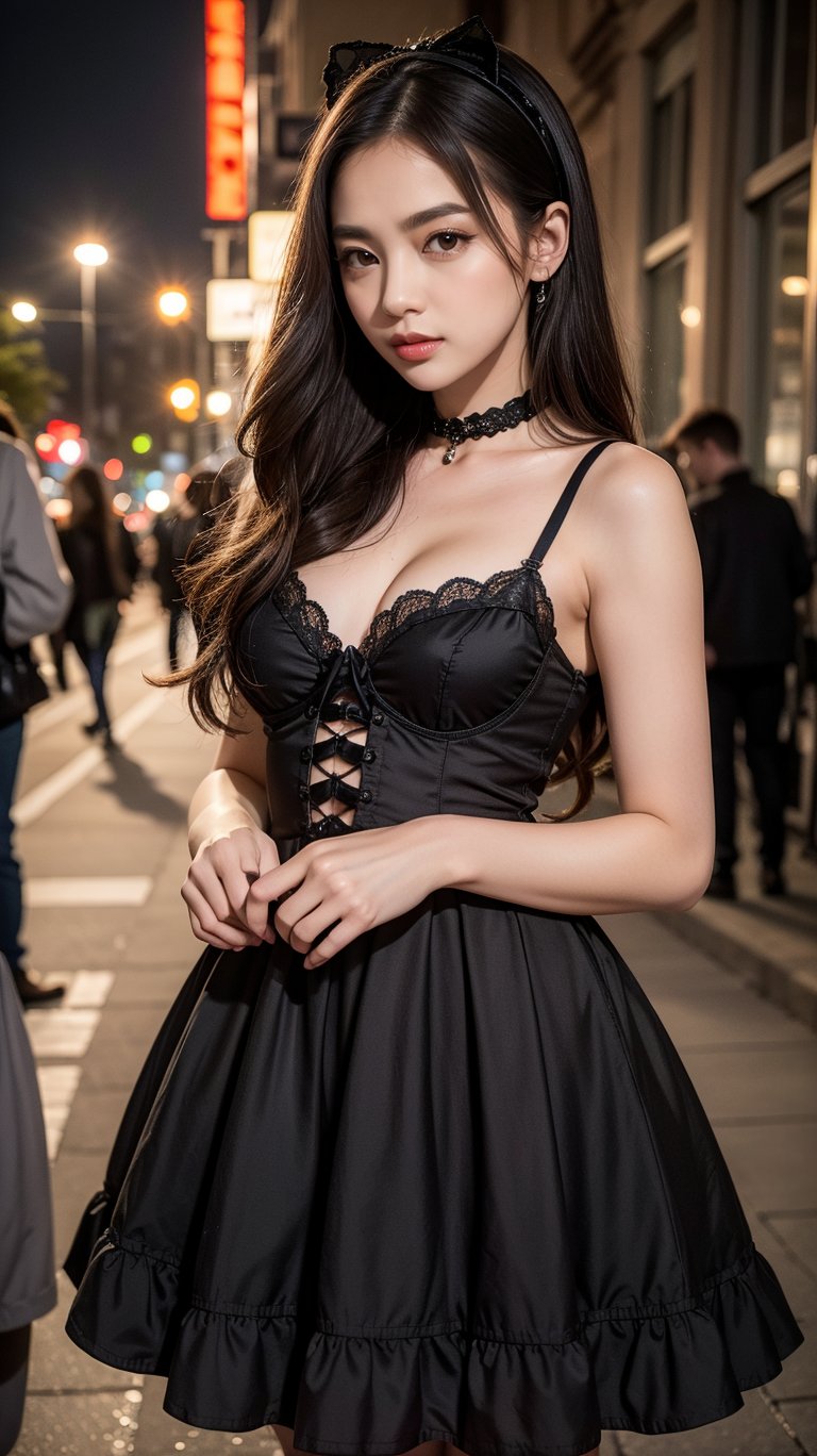 (masterpiece, realistic, best quality, ultra detailed), intricate, professional photography, HDR, High Dynamic Range, (8k UHD), RAW photo, dslr, realistic LUT, cinematic LUT, soft lighting, night time, professional lighting, cinematic lighting, cinematic shadows, iridescent lighting, Stunning, young, loli woman, Long hair, Brown hair, Round eyes, Hazel eyes, Parted lips, Peach lips, Natural makeup, Confident, petite body, natural breasts,  Standing, (lolita dress, lolita fashion, lolita hairband, gothic lolita, choker, lace trim), Key light, Night, street