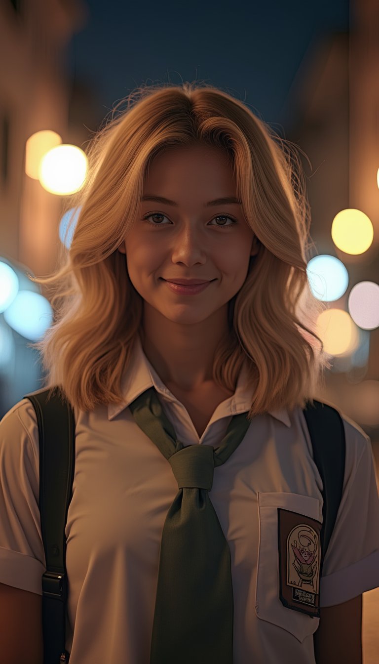 Here is the prompt:

A stunning 1-girl masterpiece, featuring a beautifully detailed blonde-haired schoolgirl wearing a crisp uniform. Framed in a cinematic shot with soft city lights at night casting a warm glow. Her smiling face and eyes are exquisitely rendered with perfect anatomy, showcasing delicate features and a slender body. RAW photo quality ensures an extremely high-resolution (2K) image with finely detailed textures and ultra-realistic rendering. Perfect for use as a breathtaking 8K wallpaper.sma, school uniform