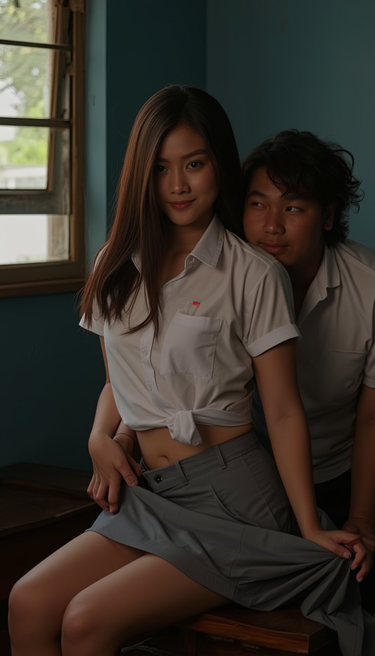 A sultry young girl sits provocatively on a table in the classroom beside her teacher, Her male teacher hugged her from the side, and lifted her skirt, her white shirt partially lifted to reveal a hint of skin beneath. The grey school uniform skirt is lifted, showcasing her toned legs. A naughty expression dances across her face, accompanied by an alluring gaze. Dim lighting casts a sultry ambiance, with ray tracing and dynamic lighting rendering the scene in stunning detail. The subject's skin glistens with subtle reflexes, as if illuminated by an unseen light source. ((school uniform, sma, white shirt, grey skirt))