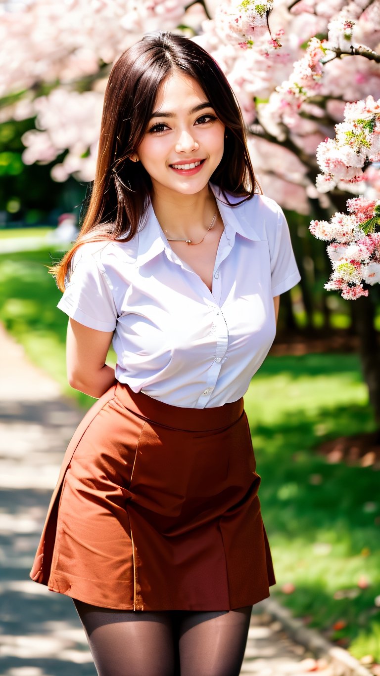 masterpiece, best quality, highres, aamahiru, long hair, red bowtie, white shirt, short sleeves, plaid skirt, brown skirt, pantyhose, , standing, cowboy shot, leaning forward, arms behind back, outdoors, cherry blossoms, smile, open mouth.