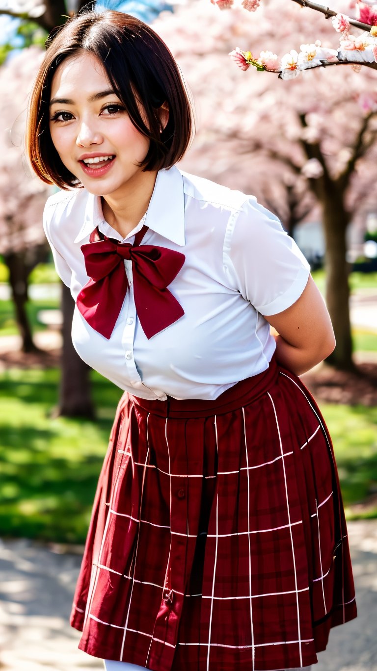 masterpiece, best quality, highres, aamahiru, short hair, red bowtie, white shirt, short sleeves, plaid skirt, brown skirt, pantyhose, , standing, cowboy shot, leaning forward, arms behind back, outdoors, cherry blossoms, smile, open mouth.