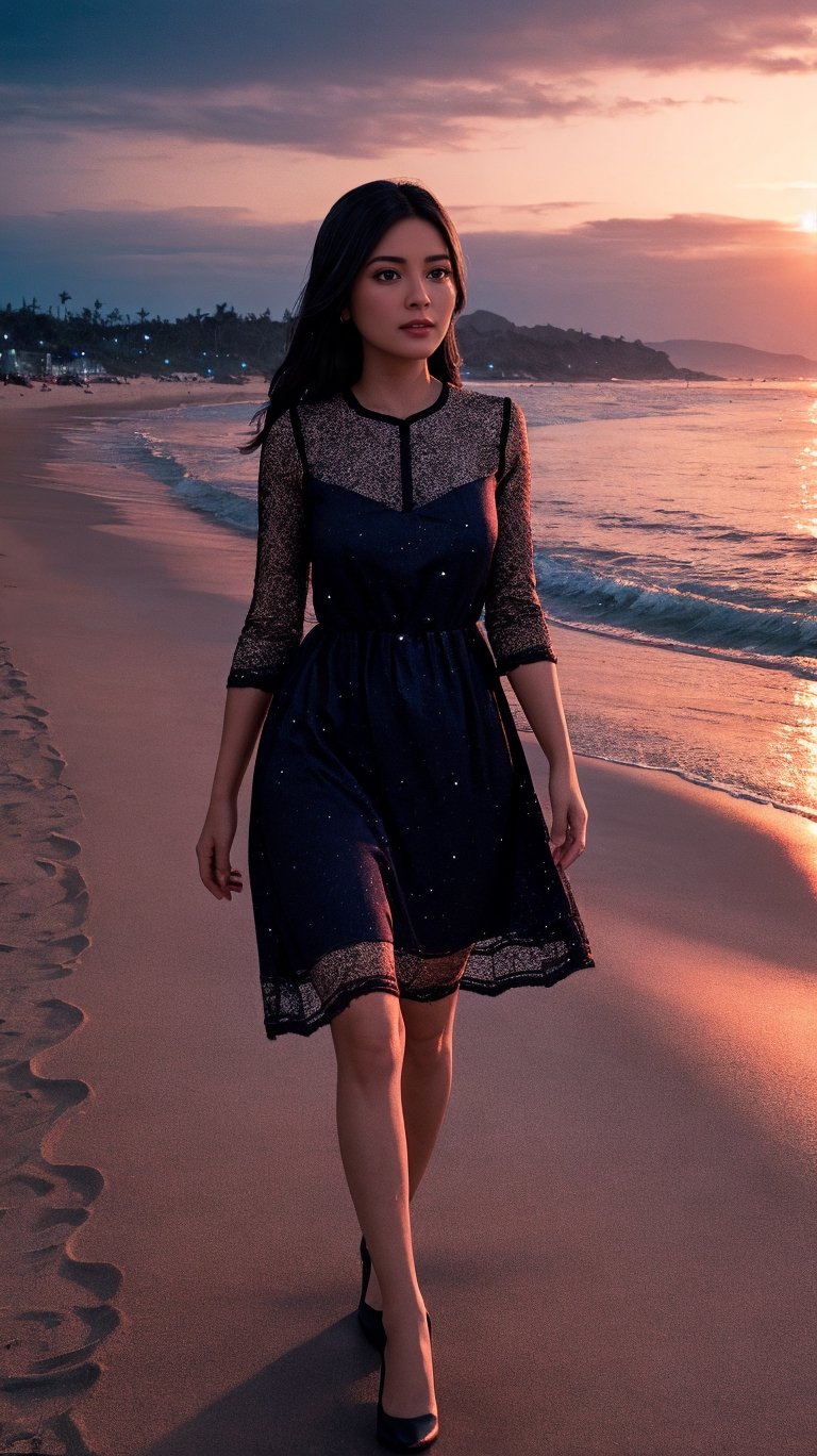 1girl, dress, beach sunset detailed, (lofi, analog, motion blur ) by Brandon Woelfel,3d style