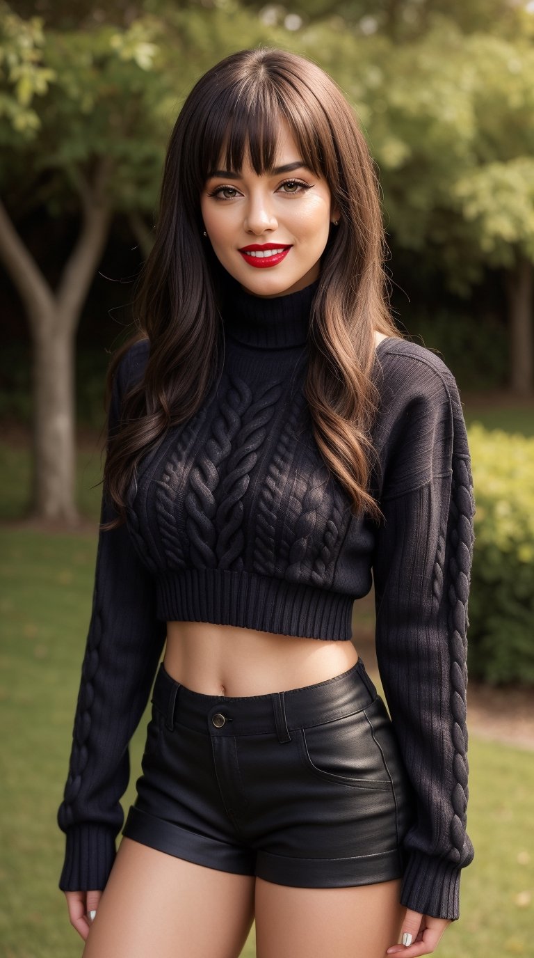 1girl, solo, long hair, looking at viewer, smile, bangs, skirt, brown hair, long sleeves, navel, brown eyes, standing, parted lips, shorts, grin, blurry, sweater, fingernails, sleeves past wrists, makeup, turtleneck, plant, lipstick, white shorts, realistic, black sweater, cropped underboob sweater