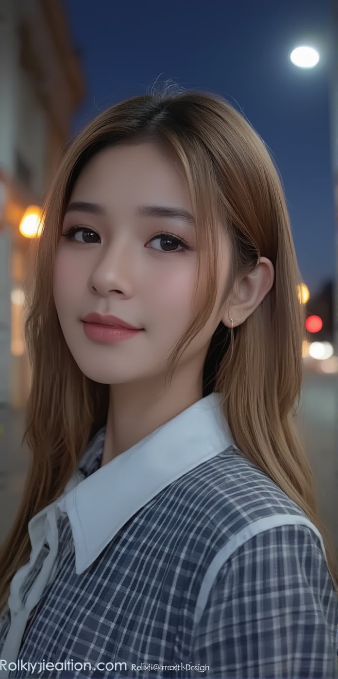 realistic, 1girl,(wearing a school uniform:1.4),(RAW photo, best quality), (realistic, photo-realistic:1.4), masterpiece, an extremely delicate and beautiful, extremely detailed, 2k wallpaper, Amazing, finely detail, extremely detailed CG unity 8k wallpaper, ultra-detailed, highres, soft light, beautiful detailed girl, extremely detailed eyes and face, beautiful detailed nose, beautiful detailed eyes,cinematic lighting,city lights at night,perfect anatomy,slender body,close up,(smiling),blonde hair,school uniform