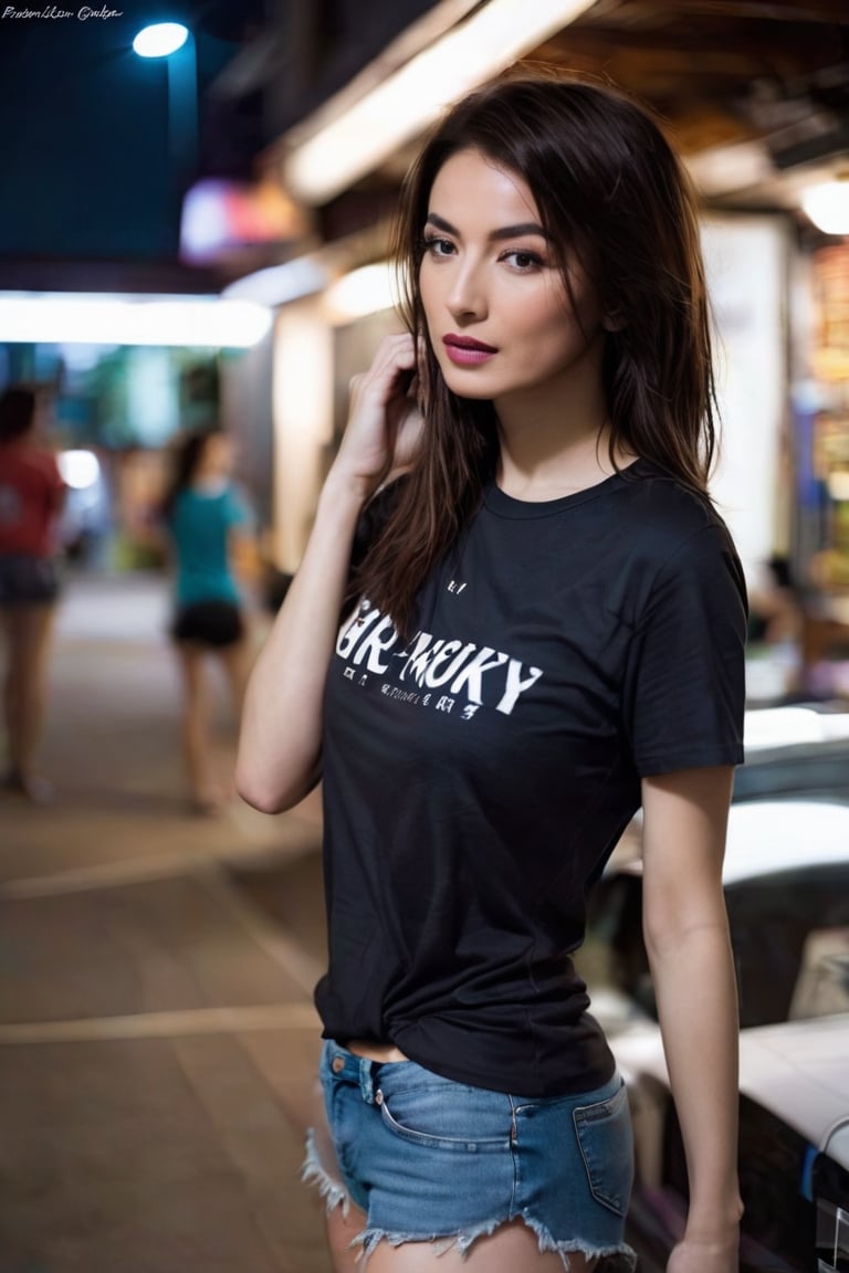 1girl,  standing,  (night:1.5),  shitty t-shirt navel base,  shorts,  slim body,  head tilt,  look,  pale brown hair,  medium breasts,  braless,  realistic film photography, beautiful face,  beautiful girl,  pale skin,  masterpiece,  (looking at viewer:1.3), long hair,  eyeliner,  emo,  emo makeup