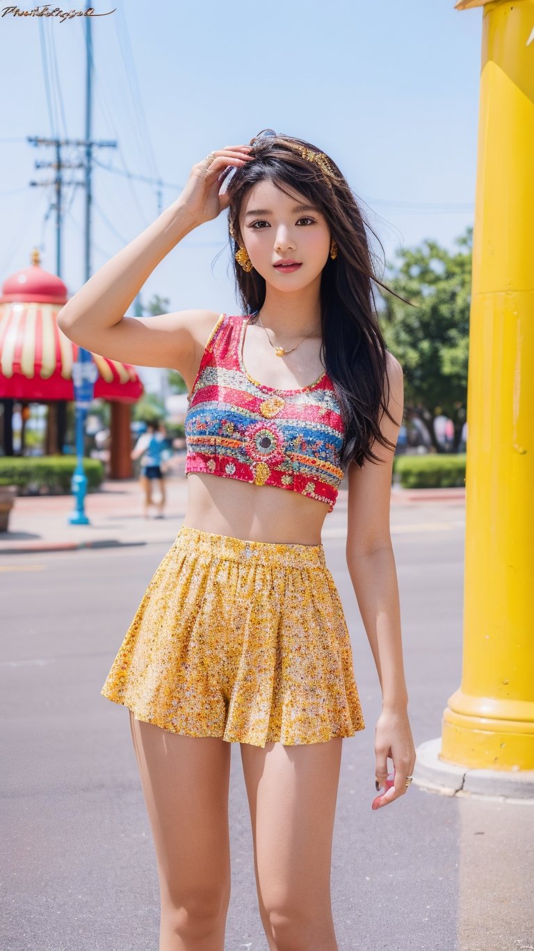 A fashionable young girl taking photos in the sunny weather, wearing trendy clothes, with a background of Memphis-style photography elements, featuring bright colors and artistic vibes. High-definition photo of a trendy girl in vibrant Memphis-style setting under the sun, full of lively colors and youthful energy,light,Nice legs and hot body,ao dai,More Detail,masterpiece
