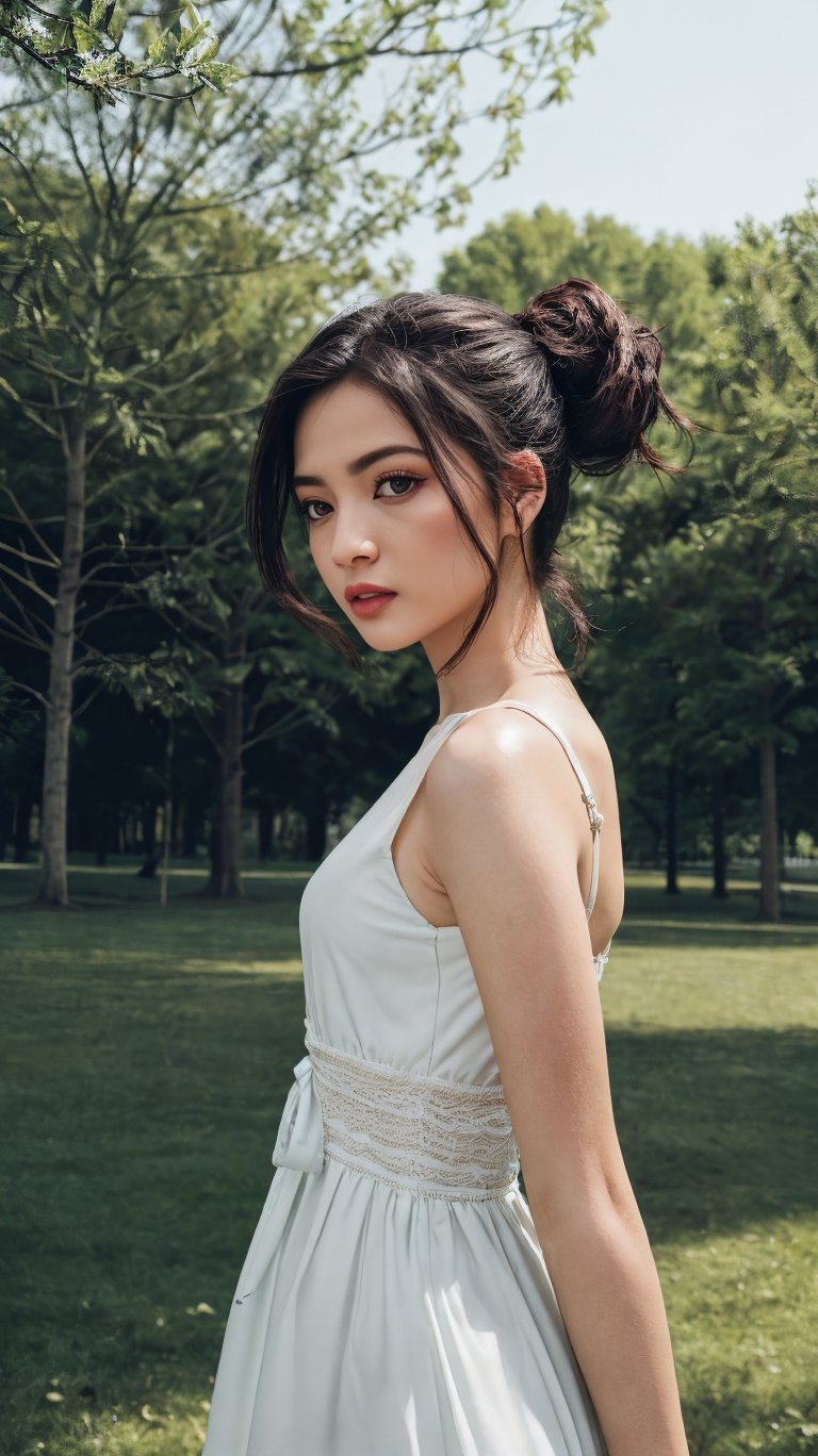 (((masterpiece, best quality, very aesthetic, realistic, absurdres))), small size dress, handscarft, wind, park, trees, solo, 1girl, fluttering hair, auburn short ponytail, ribbon, drooling, shy, blush, open mouth, moist skin, pretty face, slim figure,