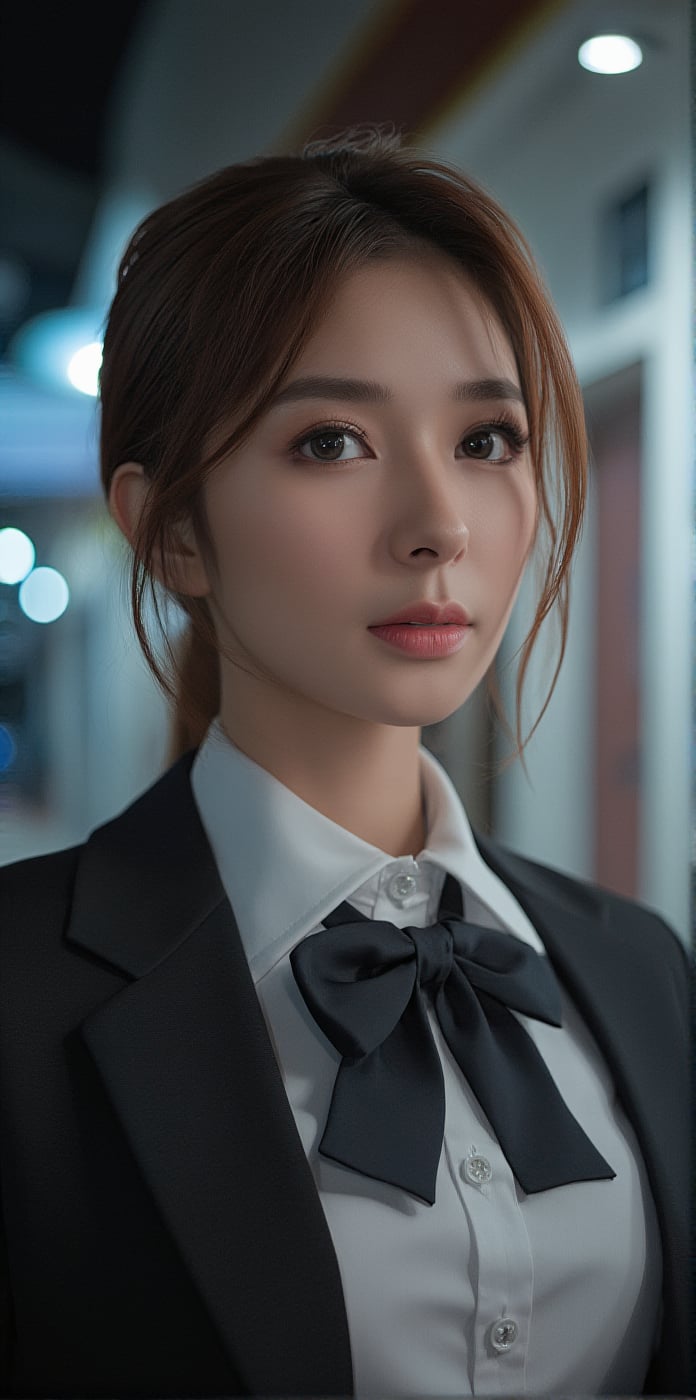 realistic, 1girl,(wearing a school uniform:1.4),(RAW photo, best quality), (realistic, photo-realistic:1.4), masterpiece, an extremely delicate and beautiful, extremely detailed, 2k wallpaper, Amazing, finely detail, extremely detailed CG unity 8k wallpaper, ultra-detailed, highres, soft light, beautiful detailed girl, extremely detailed eyes and face, beautiful detailed nose, beautiful detailed eyes,cinematic lighting,city lights at night,perfect anatomy,slender body,full body,(smiling),blonde hair,school uniform