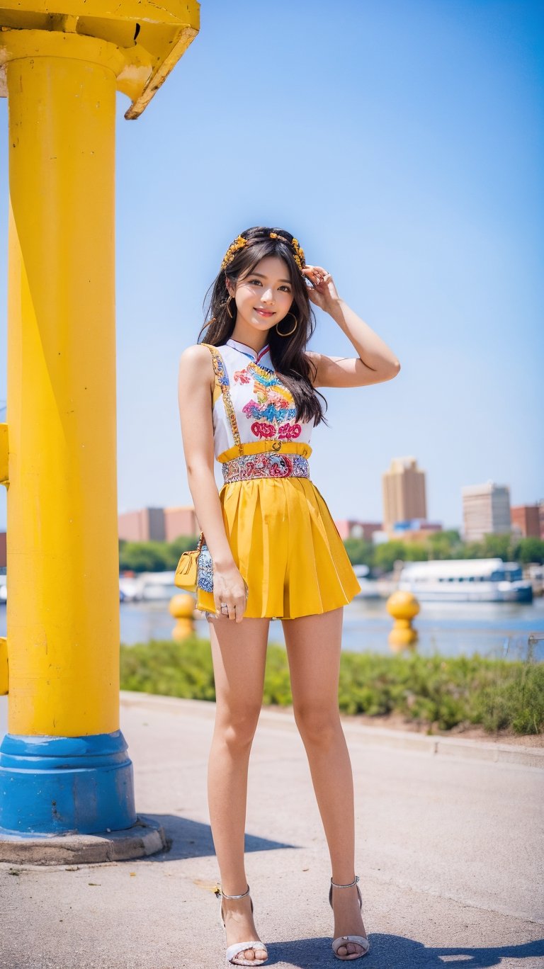 A fashionable young girl taking photos in the sunny weather, wearing trendy clothes, with a background of Memphis-style photography elements, featuring bright colors and artistic vibes. High-definition photo of a trendy girl in vibrant Memphis-style setting under the sun, full of lively colors and youthful energy,light,Nice legs and hot body,ao dai,More Detail,masterpiece
