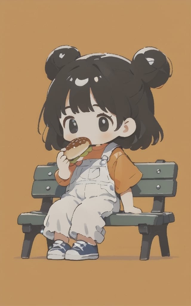 score_9,score_8_up,score_7_up,4k，High definition,A little girl is sitting on a bench eating hamburgers with a bun.An orange T-shirt, white overalls, and blue canvas shoes.,front view,first person view， full body,extreme long shot ,Black hair , ,Simple orange background,txznmk,chibi