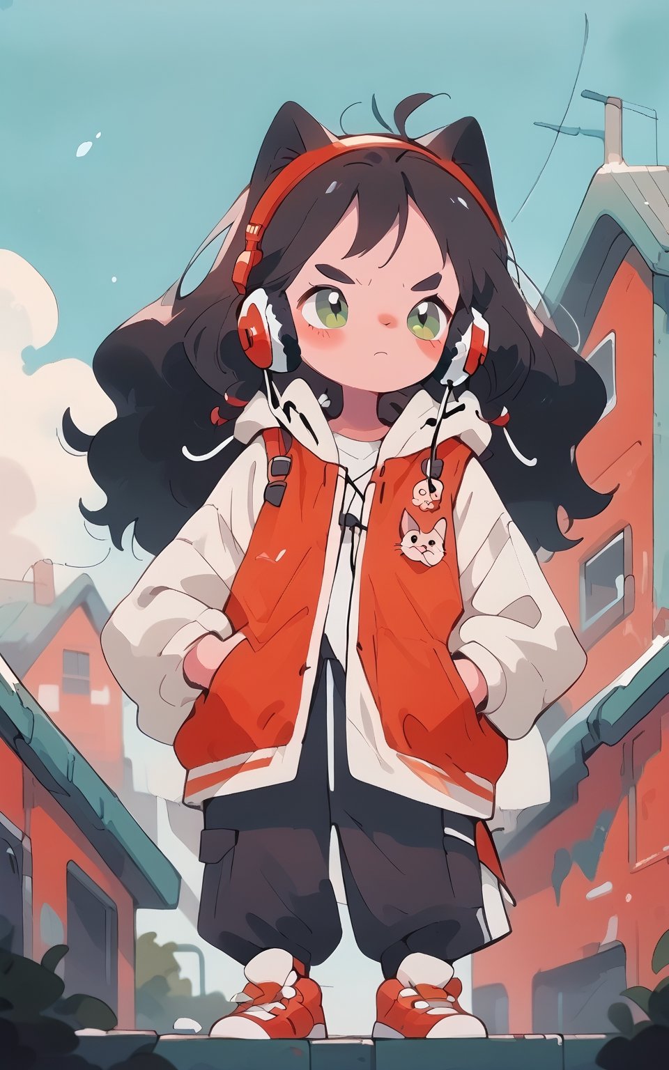 score_9,score_8_up,score_7_up, A girl stands on the roof, gazing into the distance,She put her hands in her pockets,Wearing headphones wearing a red vest, with long hair, alone, looking tired ,a little cat full body long shot ,Black hair,raking light,contour drawing, --ar 3:4 --niji 5 --5
180