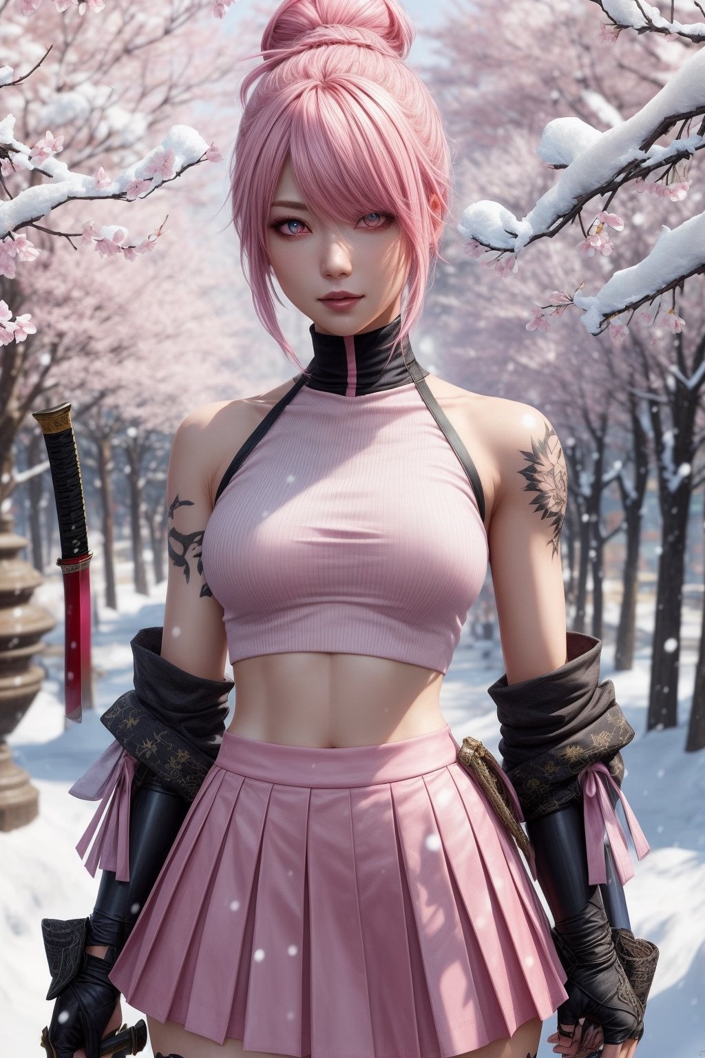 Riven,pink_hair,bun,pink_skirt,black_croptop_highneck,1girl,katana,Snow_cherry_blossom,snow,More Detail,bare_shoulder,tattoo,fight,pink_aura,cute,detailed_face,detailed_hair,pink_pupils