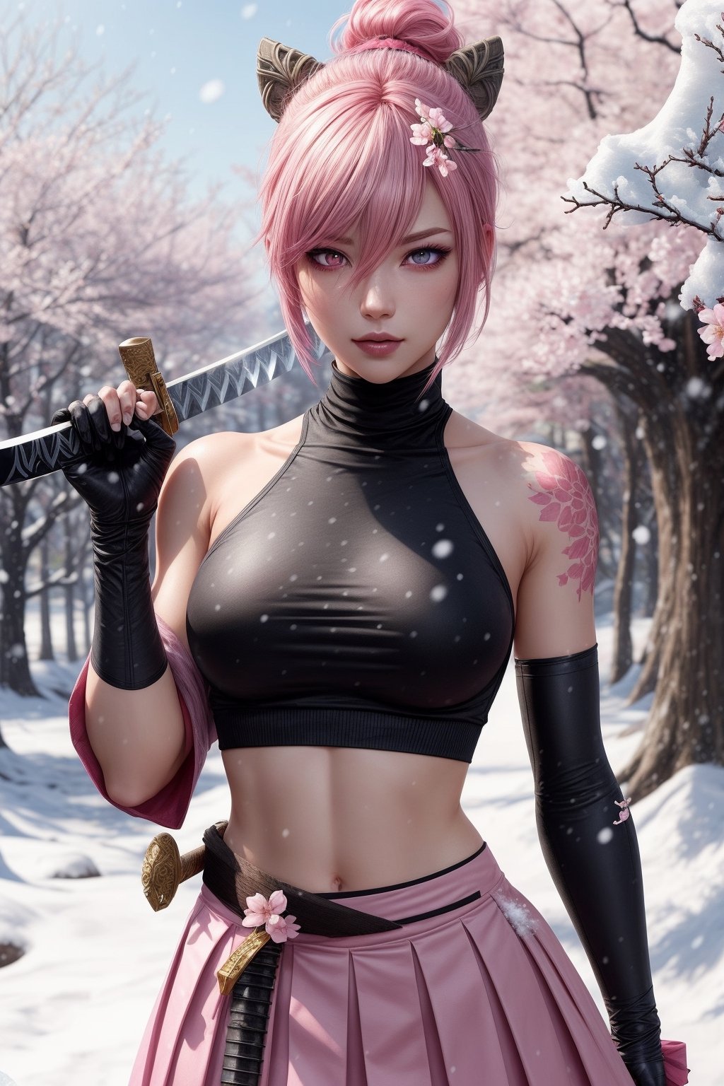 Riven,pink_hair,bun,pink_skirt,black_croptop_highneck,1girl,katana,Snow_cherry_blossom,snow,More Detail,bare_shoulder,tattoo,fight,pink_aura,cute,detailed_face,detailed_hair,pink_pupils,bare_arm