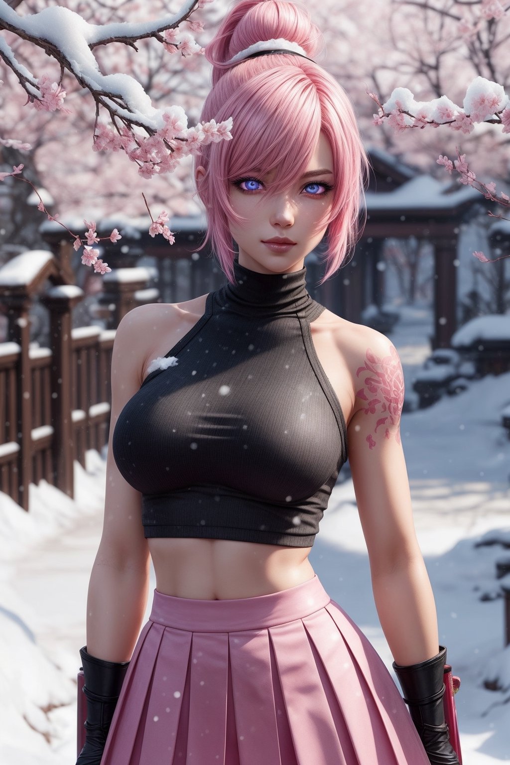 Riven,pink_hair,bun,pink_skirt,black_croptop_highneck,1girl,katana,Snow_cherry_blossom,snow,More Detail,bare_shoulder,tattoo,fight,pink_aura,cute,detailed_face,detailed_eyes,detailed_hair,pink_eyes