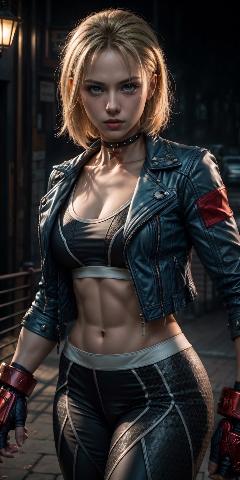 (RAW photo, best quality), (realistic, photo-Realistic:1.3), , best quality, masterpiece, black background, fight pose, beautiful and aesthetic, 16K, (HDR:1.4), high contrast, (vibrant color:1.4), (muted colors, dim colors, soothing tones:0), cinematic lighting, ambient lighting, sidelighting, Exquisite details and textures, cinematic shot, Warm tone, (Bright and intense:1.2), cammy white, blue eyes, blonde hair, short hair, black choker, black sports bra, blue jacket, black pants, gauntlets, red gloves, socks, combat boots,street fighter, big breast, sexy, hot, perfect size body,abs,detailed, Detailedface, 1 girl, chinatsumura,(cowboy shot:1.2),cammy sf6,cammy white,antenna hair