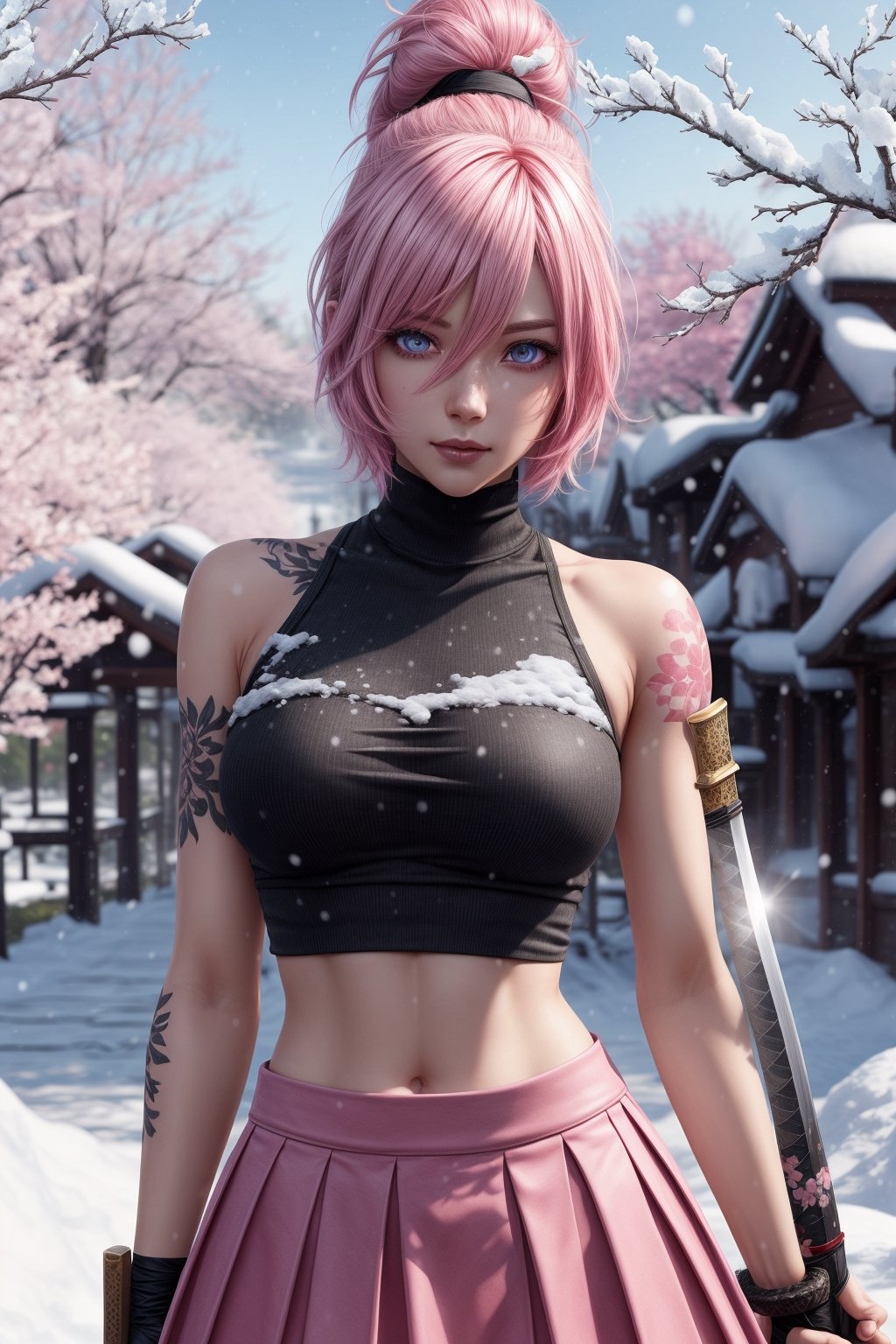 Riven,pink_hair,bun,pink_skirt,black_croptop_highneck,1girl,katana,Snow_cherry_blossom,snow,More Detail,bare_shoulder,tattoo,fight,pink_aura,cute,detailed_face,detailed_eyes,detailed_hair,