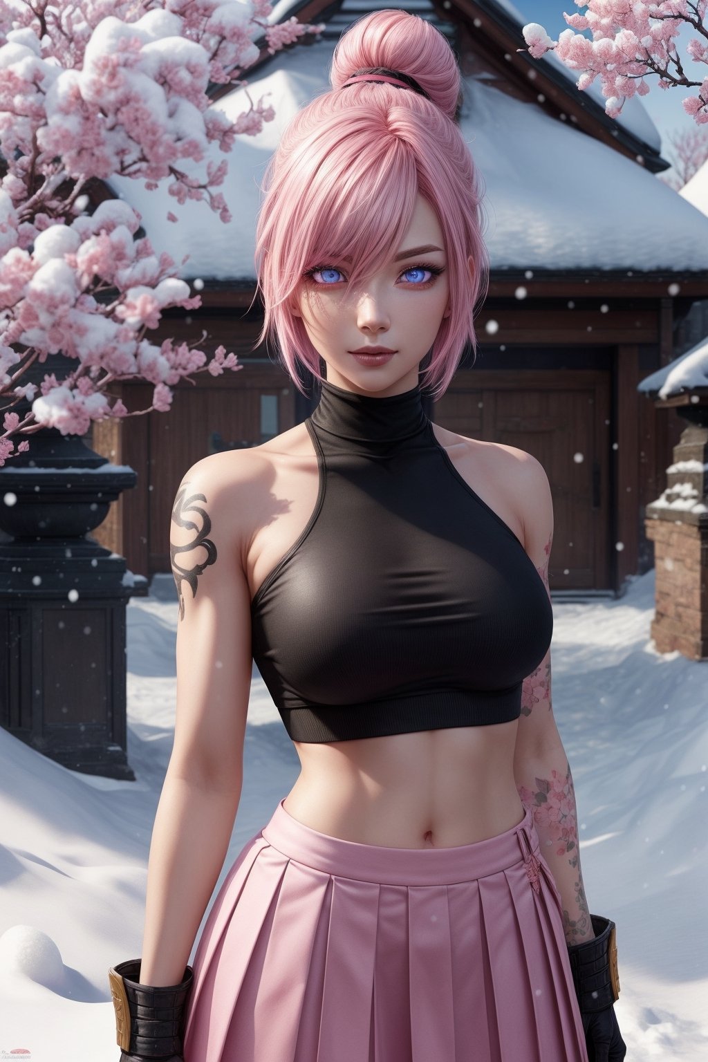 Riven,pink_hair,bun,pink_skirt,black_croptop_highneck,1girl,katana,Snow_cherry_blossom,snow,More Detail,bare_shoulder,tattoo,fight,pink_aura,cute,detailed_face,detailed_eyes,detailed_hair,pink_eyes