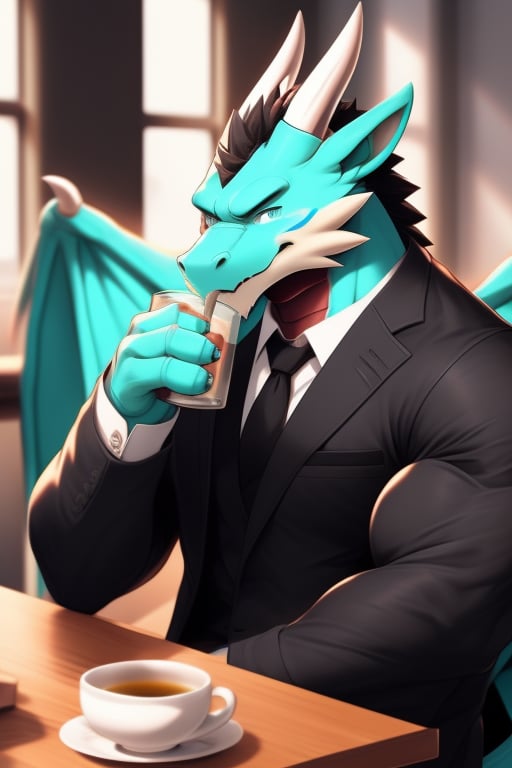 (perfect eyes) A cyan dragon, muscle, wear suit jacket, wear Glasses, two white horn, sitting near the table to drink tea, tea drinking pose, drink some tea, two wings 