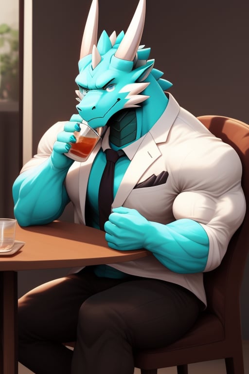 (perfect eyes) A cyan dragon, muscle, wear suit jacket, wear Glasses, two white horn, sit on the chair and near tea table, tea drinking pose, drink some tea