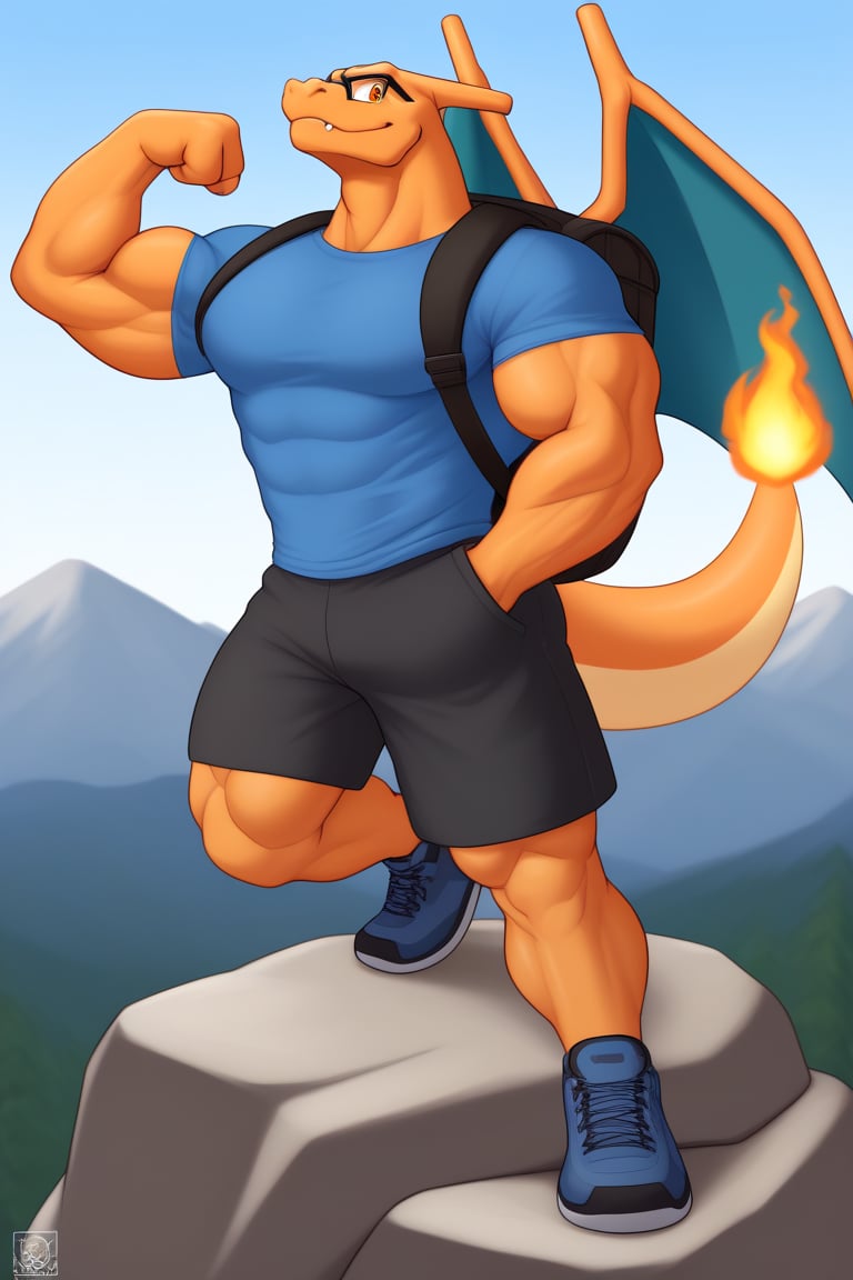 CharizardXL, Charizard, Perfect eyes, muscle, big muscle, big body, huge body, orange eyes, Furry Mix, mountain peak background, standing one foot on the rock, look to the horizon, 3 fingers, wear glasses, wear a big backpack, wear dark blue hiking shoes, wear shorts with pockets, wear hiking t-shirt, crossed arms, flexing 