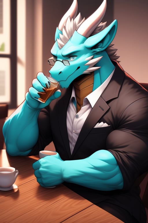 (perfect eyes) A cyan dragon, muscle, wear suit jacket, wear Glasses, two white horn, sitting near the table to drink tea, tea drinking pose, drink some tea