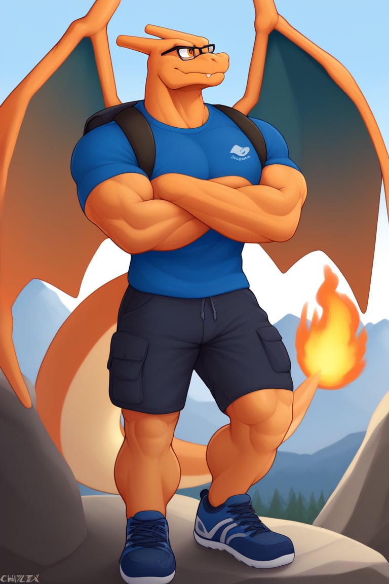 CharizardXL, Charizard, Perfect eyes, muscle, big muscle, big body, huge body, orange eyes, Furry Mix, mountain peak background, standing one foot on the rock, look to the horizon, 3 fingers, wear glasses, wear a big backpack, wear dark blue hiking shoes, wear shorts with pockets, wear hiking t-shirt, crossed arms