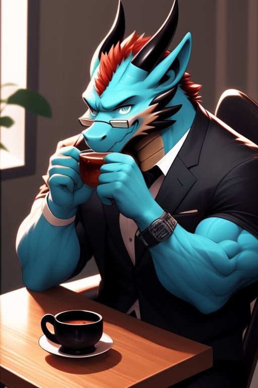 (perfect eyes) A cyan dragon, muscle, wear suit jacket, wear Glasses, two black horn, sit on the chair and near tea table, tea drinking pose, drink some tea