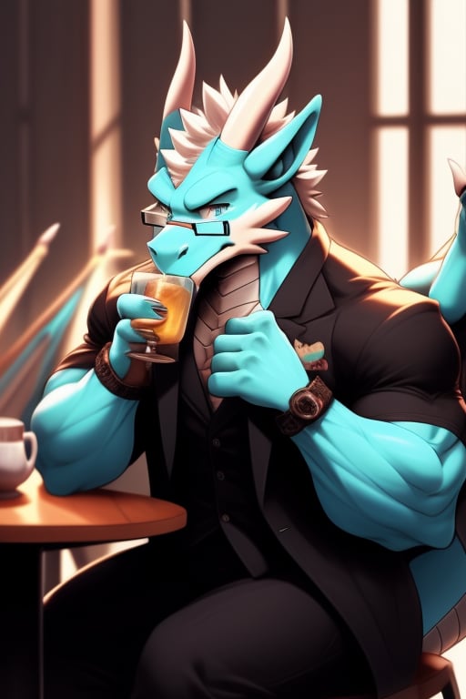 (perfect eyes) A cyan dragon, muscle, wear suit jacket, wear Glasses, two white horn, sitting near the table to drink tea, tea drinking pose, drink some tea, two wings 